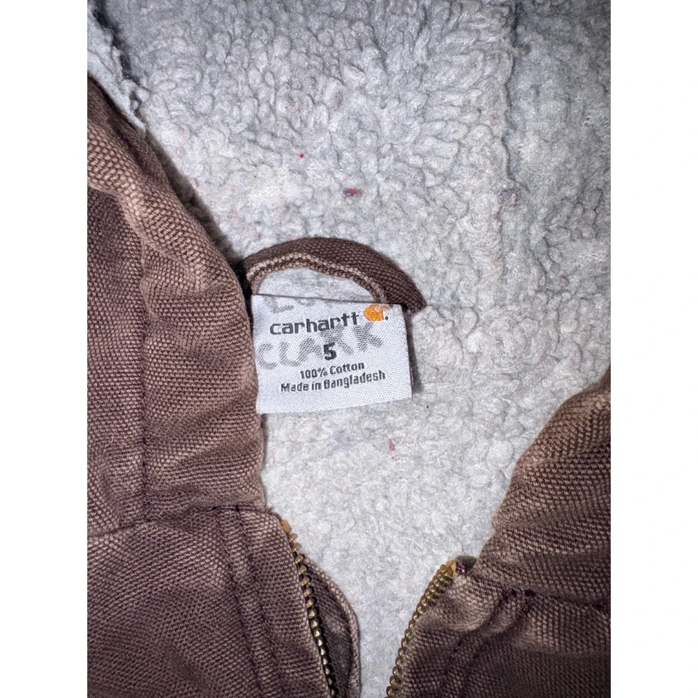 Carhartt Kids Brown Duck Canvas Sherpa Lined Hooded Jacket Size 5 Distressed‎